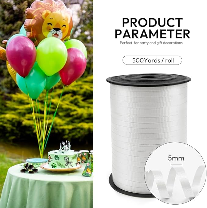 500 Yards Curling Ribbon White, 1/5" Wide Crimped White Curling Ribbons - Perfect for Gift Box Wrapping, Florist Flowers, Birthday Party Decorations, Balloon String