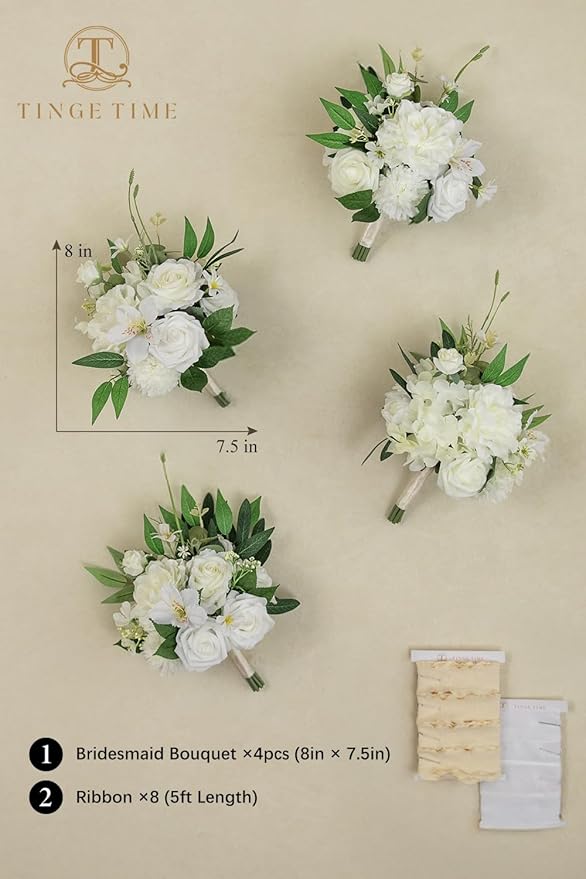 TINGE TIME 7" Bridesmaid Bouquet Set of 4, Wedding Bouquets for Bridesmaid, Perfect for Wedding Bouquets for Bride, Ideal for Bridal Shower, Rehearsal Dinner, Vintage Party (IvoryWhite)