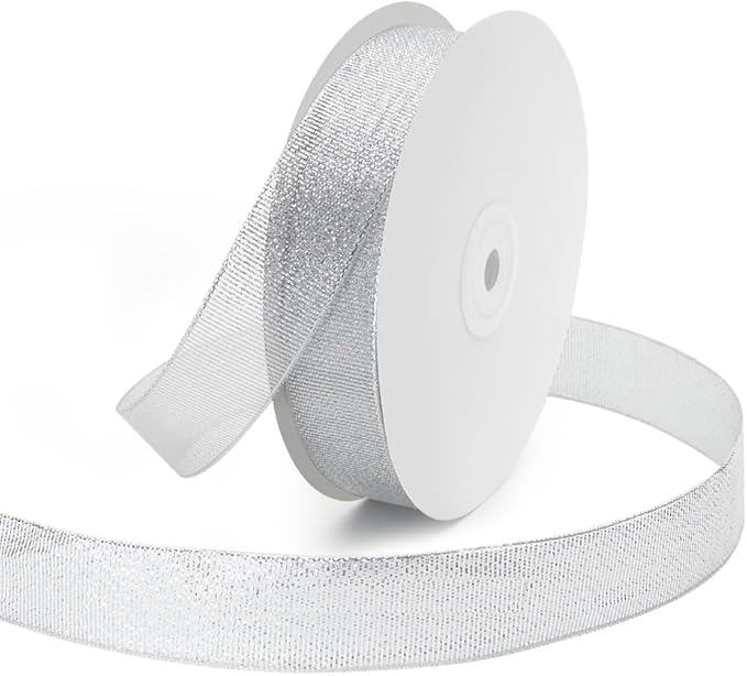 KMER LIFE 1 inch x 50 Yards Glitter Silvery Ribbon, Sparkly Metallic Fabric Ribbons for Gifts Wrapping, Sewing, Party Decoration and DIY Crafts