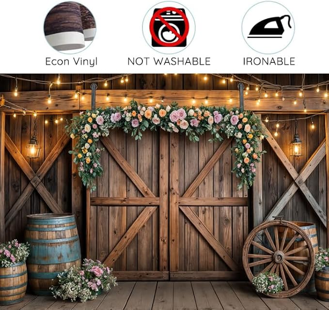 8x6ft Country Wedding Photography Backdrop Rustic Barn Door Photography Backdrop Farmhouse Pink Flower Cabin Wooden Birthday Baby Shower Wedding Bridal Party Banner Photo Booth Props Background