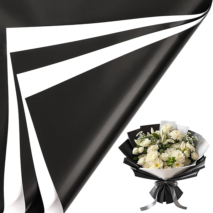 LeZakaa 20 Sheets Flower Wrapping Paper - Waterproof Reversible Floral Bouquet Paper - Black and White Design for Graduations, Parties, Birthdays, Formal Events