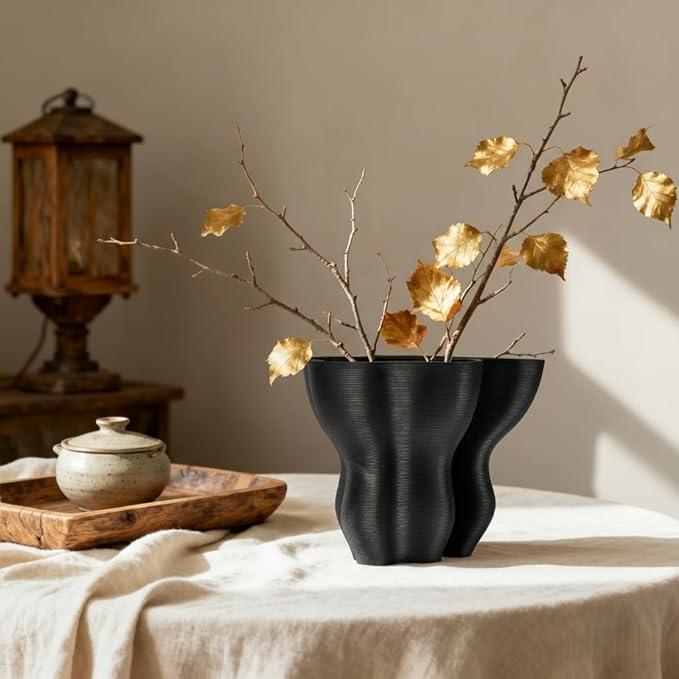 Contemporary Black Ceramic Vase, Abstract Irregular Shape Sculptural Accent for Home Decor, Modern Artistic Centerpiece for Coffee Table or Bookshelf