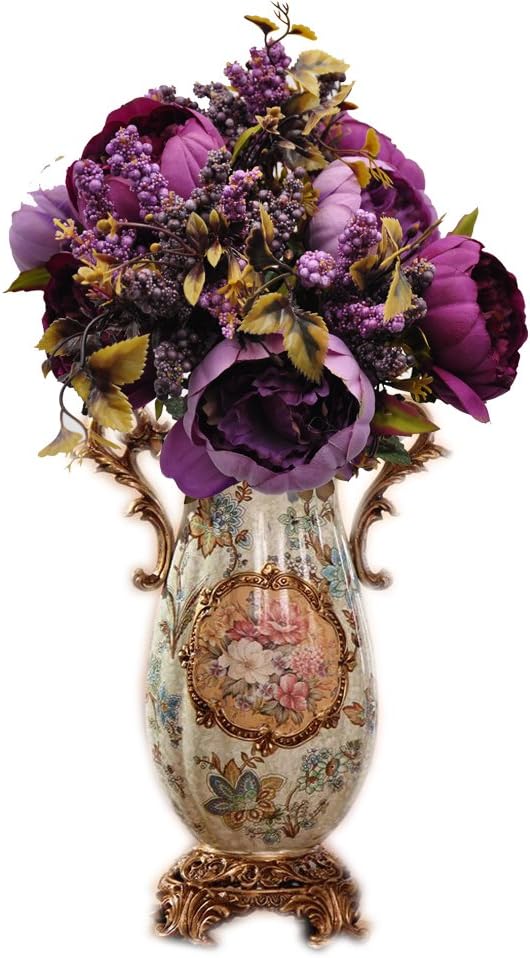 1pcs Artificial Peony Bouquet,19 Inch Silk Peony Bunch with 7 Faux Flowers,Classical Style Artificial Flowers with Leaves and Ornaments for Wedding,Home Décor Centerpieces(Purple)