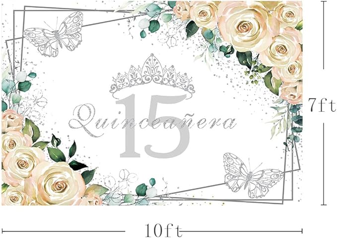 SENDY 10x7ft Quinceañera Backdrop Mis Quince 15 Anos Birthday Party Decorations Supplies for Girl Princess White Floral Silver Crown Butterfly Photography Background Banner Photo Booth Studio Props