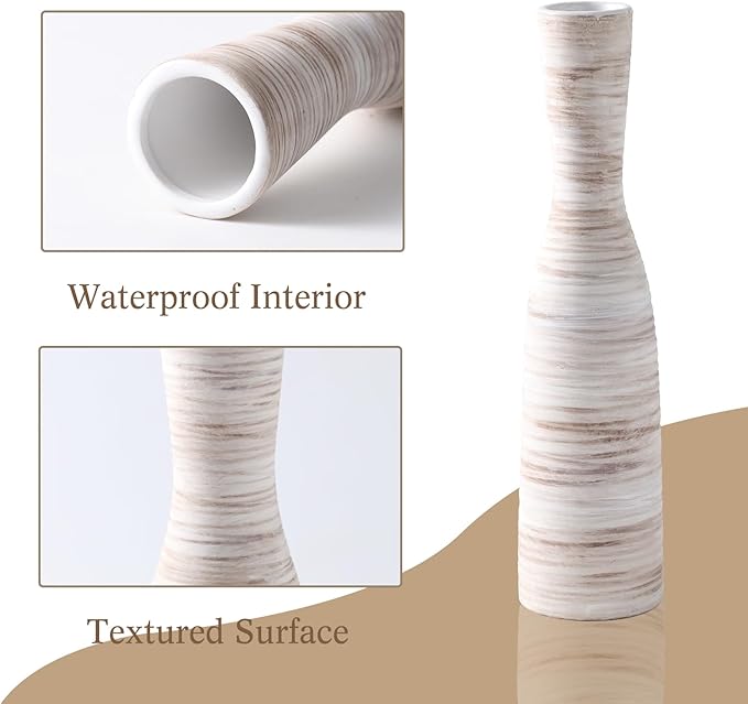 ALMA 16" Tall Floor Vase for Pampas Grass,White Brown Ceramic Centerpiece for Dresser, Skinny Pampas Grass Vessel for Floor, Entryway Table, Fireplace Decor