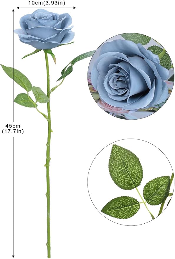Artificial Rose Flower Artificial Flowers Flower with Long Stem Silk Roses Bouquet for Wedding Bridal Shower Party Home Decoration (Dusty Blue, 12 Pcs)
