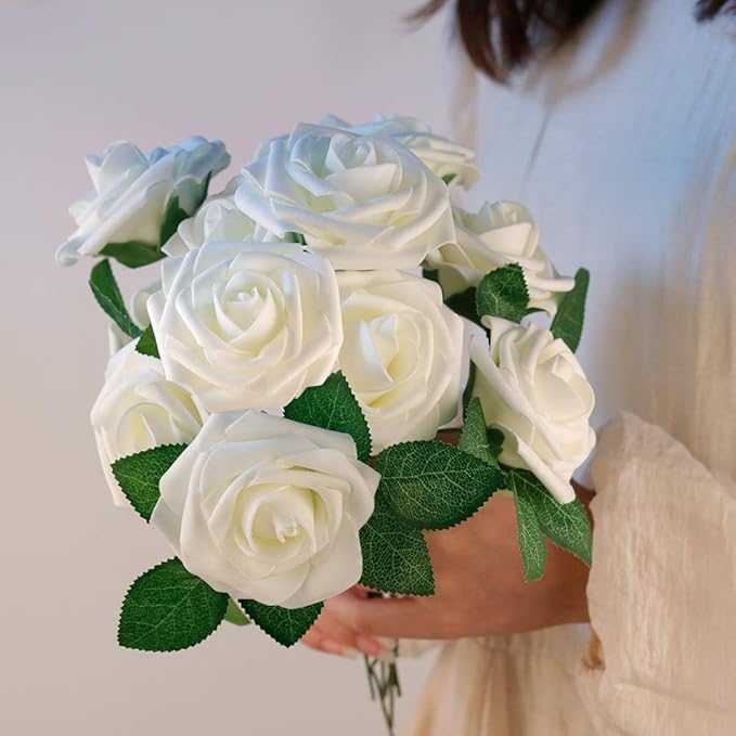 Mocoosy 50Pcs White Rose Artificial Flowers, Ivory Roses for Decorations, Real Touch Fake Rose with Stems Bulk DIY Wedding Bouquet Bridal Shower Centerpiece Faux Floral Arrangement Party Home Decor
