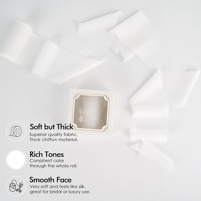 MEEDEE White Chiffon Ribbon 3 Inch White Fringe Ribbons Chiffon Silk Frayed Edge Ribbon Wide Chiffon Ribbons for Crafts, Flower Bouquet, Wedding Favors Wrapping (2 Rolls 10 Yards)
