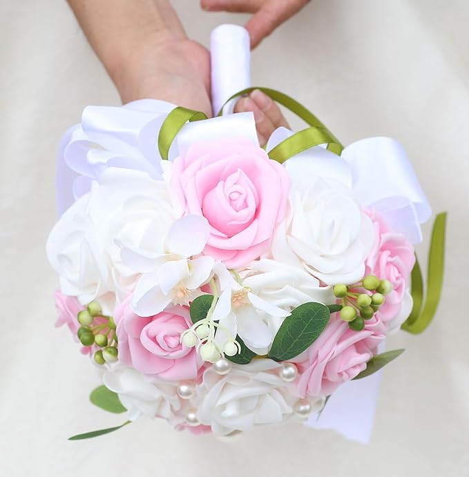 Lightweight Bridal Wedding Bouquet Round Holding Bouquet Throw Toss Artificial Rose Flower Bunch for Bride Bridesmaid Wedding Quinceanera (White & Pink, 7.9")
