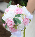 Lightweight Bridal Wedding Bouquet Round Holding Bouquet Throw Toss Artificial Rose Flower Bunch for Bride Bridesmaid Wedding Quinceanera (White & Pink, 7.9")