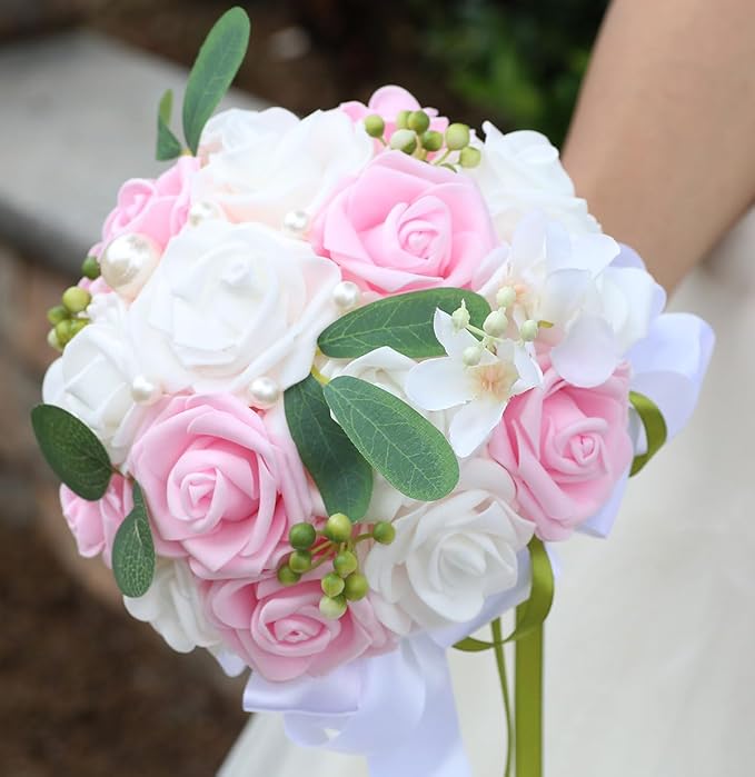 Lightweight Bridal Wedding Bouquet Round Holding Bouquet Throw Toss Artificial Rose Flower Bunch for Bride Bridesmaid Wedding Quinceanera (White & Pink, 6.7")