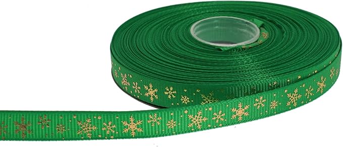 Gold Printing Snowflake Grosgrain Ribbon 25 Yard Each Roll 100% Polyester Woven Edge (3/8", Green)