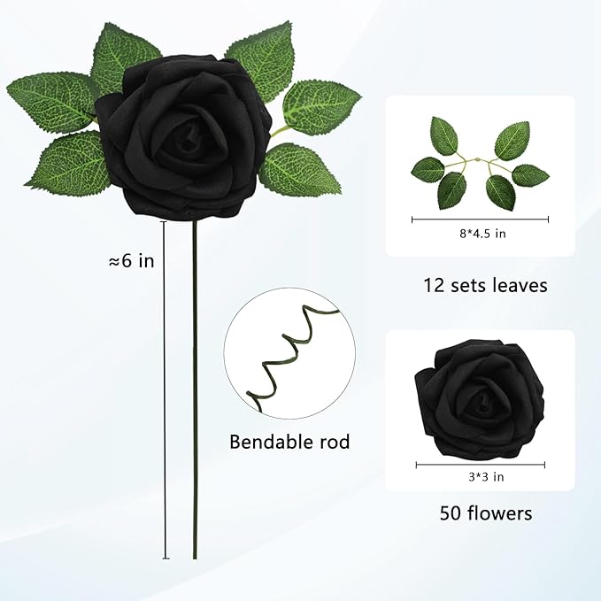 JOYLEX Artificial Flowers Realistic Roses, 50pcs Real Looking Fake Roses with Stem for DIY Wedding Bouquets Centerpieces Bridal Shower Party Home Romantic Decorations (Black)