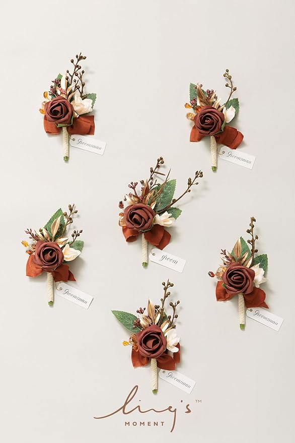 Ling's moment Wedding Artificial Flowers Package, Bridal Bouquet, Bridesmaid Bouquets, Boutonniere for Men, Rose Petals.Terracotta Orange