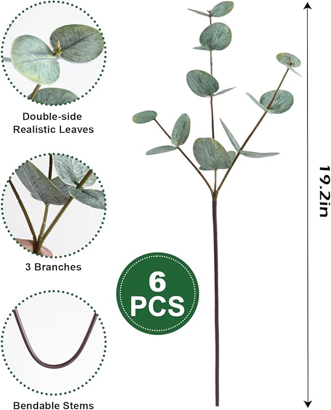 6PCS Artificial Eucalyptus Stems, 17.7" Real Touch Eucalyptus Plants, Dual-Sided Faux Leaves Greenery Decor for Vase, Table Centerpiece, Home, Bathroom, Wedding Décor (Sage Green)