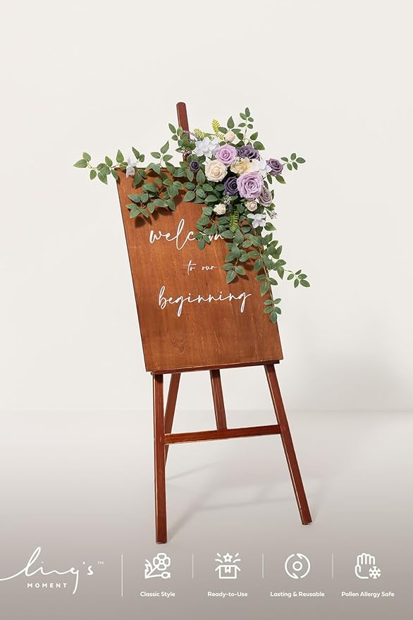 Ling's moment Wedding Artificial Welcome Sign Flowers Swag Arch Floral Garland Decorations Lilac Gold for Ceremony Reception Entrance Entryway Party Banquets Easel Wall Home Outdoor(NOT Include Sign)