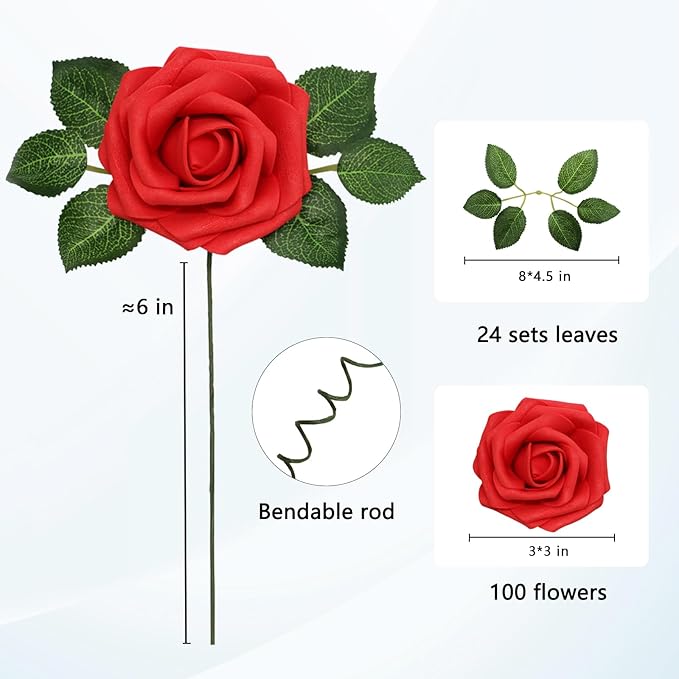 JOYLEX Artificial Flowers Realistic Red Roses, 100pcs Real Looking Fake Roses with Stem for DIY Wedding Bouquets Centerpieces Bridal Shower Party Home Romantic Decorations (Red)