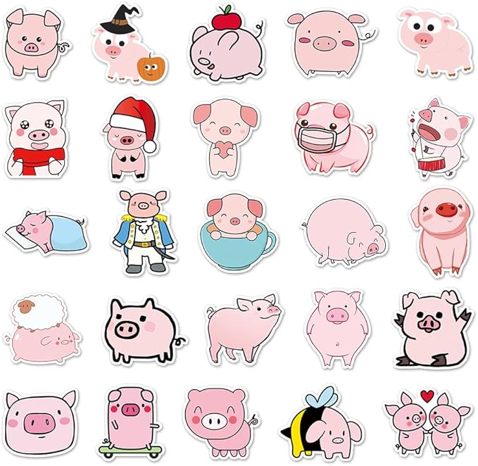 Pig Vinyl Stickers for Teens Boy Girls Kids|50 Pcs|Cartoon Waterproof Stickers for Laptop Phone Tablet Luggage Flasks Water Bottle Notebook Scrapbook Bike Car Computer,Cute Animals Decals Pack(Pig)
