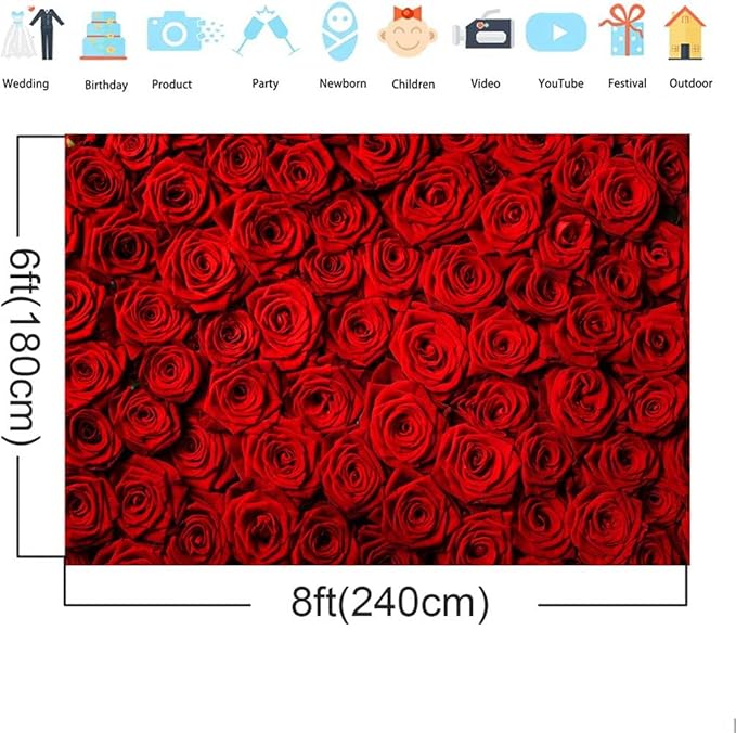 Red Rose Backdrop Flowers Rose Wall Photo Background Valentine's Day Backdrop Wedding Bridal Shower Photo Booth Mother's Day Birthday Party Dessert Table Banner Lovers Portraits Props 8x6ft