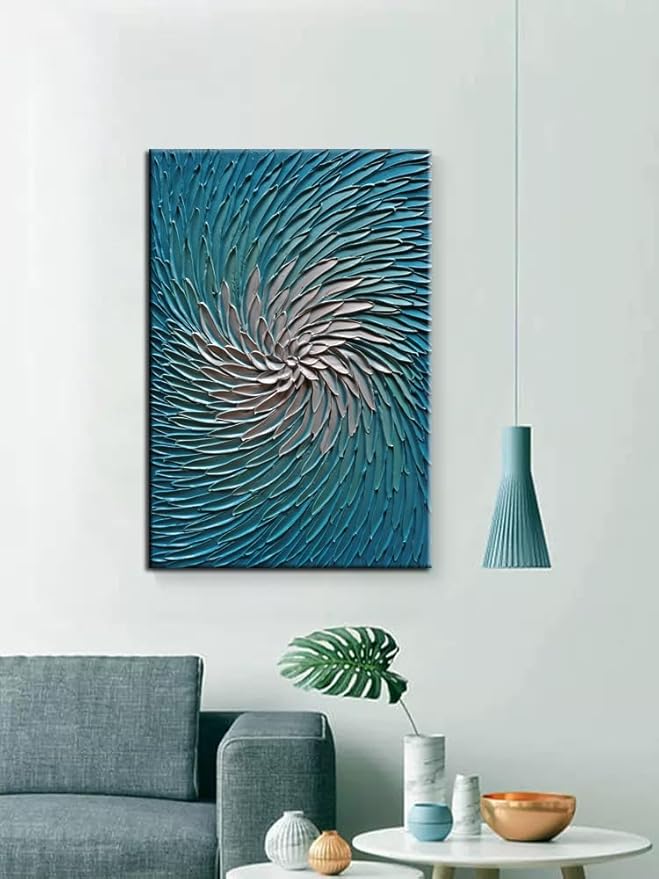 YaSheng Art - Contemporary Art Oil Painting on Canvas 3D Metallic Blue and Silver Texture Abstract Art Pictures Canvas Wall Art Paintings Modern Home Decor Abstract Paintings Ready to hang24x36inch