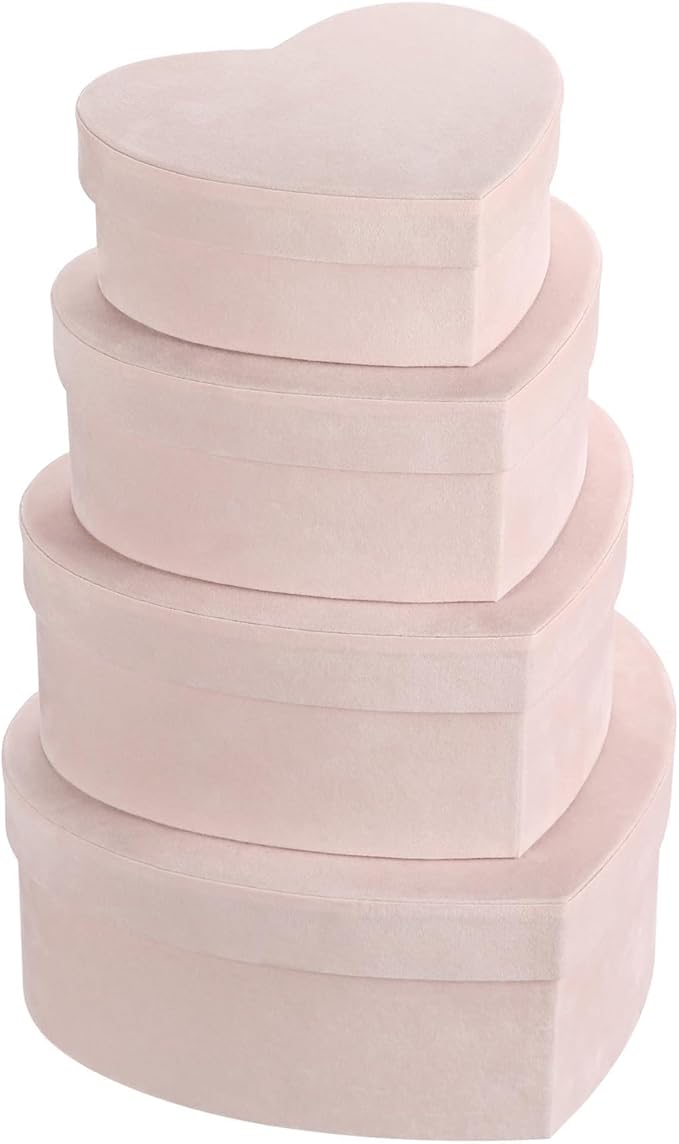 GnFlus Heart Shaped Gift Boxes with Lids for Presents Set of 4 Light Pink Velvet Nesting Gifts Box for Arrangements Flowers Wedding Birthday Valentines Bridesmaid Christmas Party Anniversary