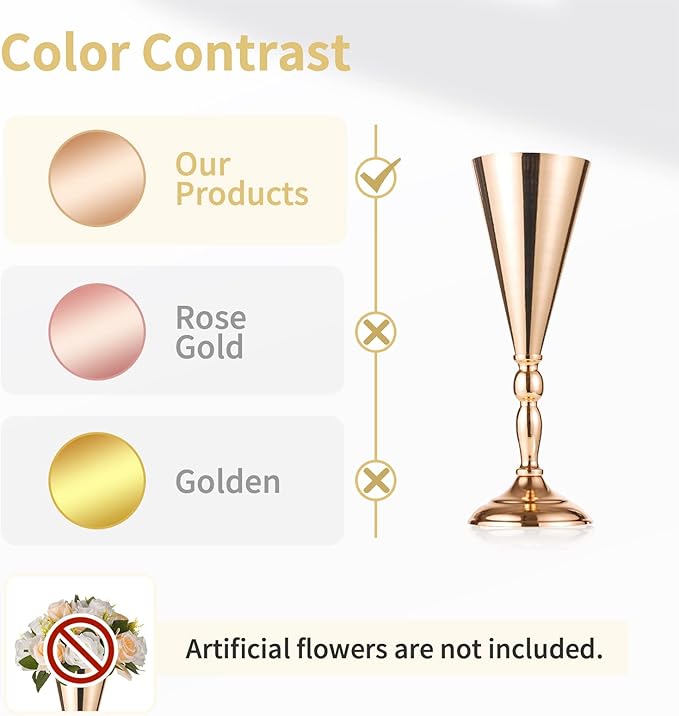 2 Pcs Set Metal Wedding Flower Trumpet Vase Stand, 14 inch Table Decorative Centerpiece Artificial Flower Arrangements for Anniversary Ceremony Party Birthday Event Aisle Home Decoration (Gold)