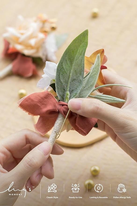 Ling's moment Boutonniere for Men, 6pcs Groom Groomsmen Boutonniere, Artificial Flowers for Wedding Decor/Prom/Homecoming, etc.Terracotta White