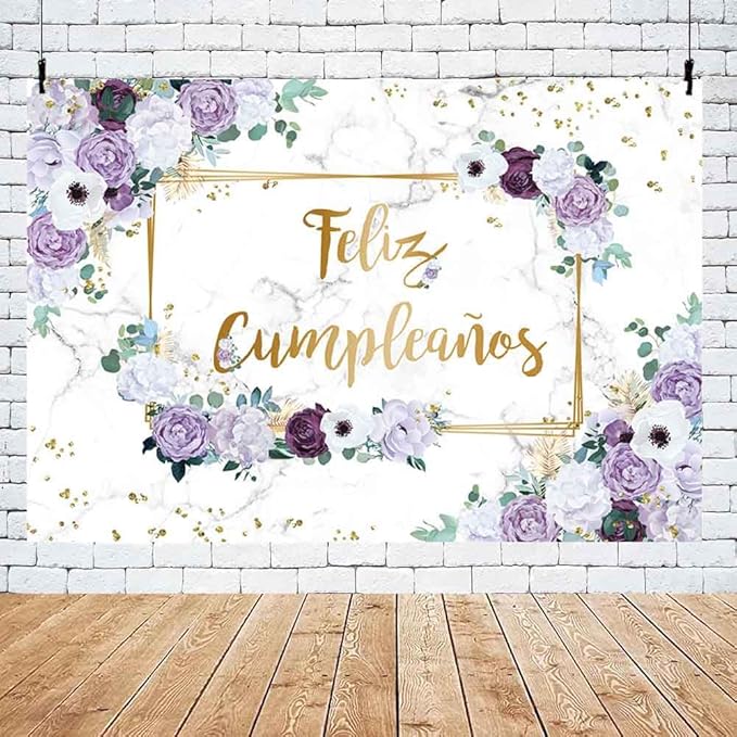 MEHOFOND 10x7ft Feliz cumpleaños Backdrop Purple and White Flower Birthday Photography Background Girl Geometric Gold Glitter Dots Birthday Floral Party Decorations Cake Smash Decor Studio Photo Props