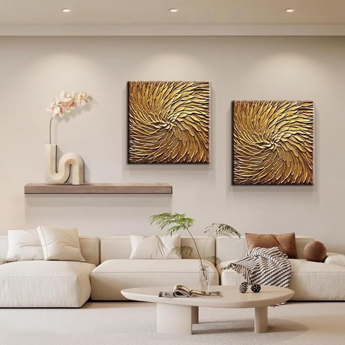 Abstract Art Oil Paintings on Canvas metal golden Gradient color Abstract Artwork Modern Home Decor Canvas Wall Art Ready to Hang for Living Room Bedroom 24x24inch