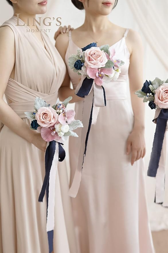 Ling's moment Artificial Flowers Dusty Rose & Navy Blue Bridesmaid Bouquet Set of 6, Wedding Flowers Bouquets for Bridesmaids, 7 Inch Bridal Bouquets for Bridesmaids, Wedding, Ceremony, etc