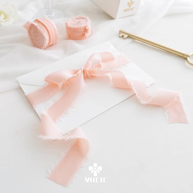 MEEDEE Blush Chiffon Ribbon 1 Inch Fringe Ribbon Pink Chiffon Silk Frayed Edge Ribbons Thin Chiffon Ribbons for Crafts, Gift Wrapping, Wedding Invitation (3 Rolls 21 Yards)