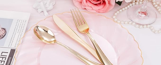 YOUBET 125Pieces Clear Pink Plastic Plates with Gold Rim - Gold Plastic Silverware Include 25 Dinner Plates 25 Dessert Plates 75 Golden Silverwares for Wedding Birthday & Parties