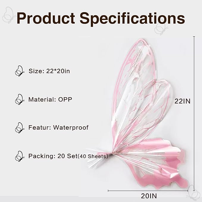 LLBWKC 20 Sets Butterfly Flower Wrapping Paper, Waterproof Butterfly Flower Bouquet Wrapping Paper, OPP Clear Floral Wraps for Florist Supplies, Gift Packaging, DIY Craft 20x22 in (Pink)