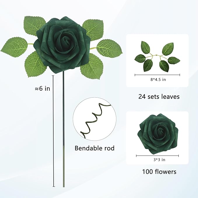 JOYLEX 100Pcs Peacock Green Artificial Flowers Realistic Roses, Real Looking Fake Roses with Stem for DIY Wedding Bouquets Centerpieces Party Home Romantic Decorations (Peacock Green, 100pcs)