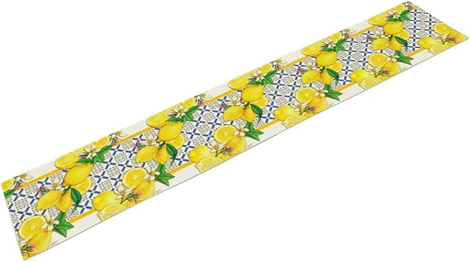 Lemon Table Runner ,Summer Blue Tiles Lemons Kitchen Dining Table Decoration Lemons Table Cover for Indoor Outdoor Home Party Decor, 13 x60 in