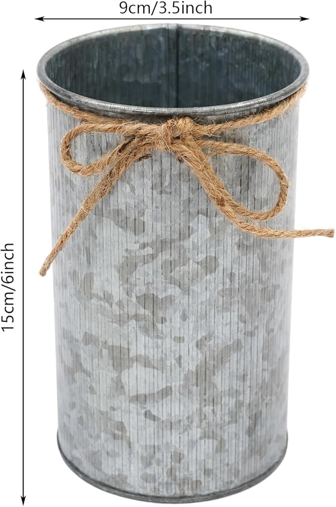 6inch High Farmhouse Vase Decor,Vintage Flower Vase with Twine Bow Rustic Metal Buckets for Artificial Flowers for Table Centerpiece Weddings