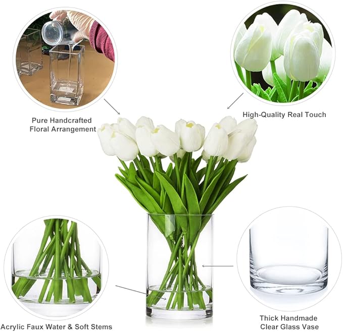 ENOVA FLORAL 20 Heads White Tulips Real Touch Artificial Flowers in Vase, Fake Tulips Flowers with Vase and Faux Water for Dining Table Decoration, Home Wedding (White)