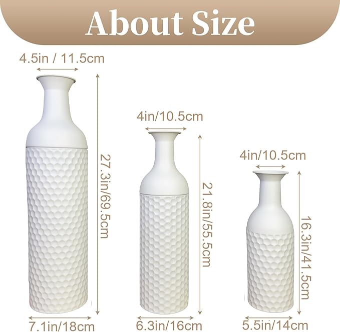 Leewadee Set of 3 Large Floor Vases – Decorative Tall Metal Vases in White (27/20/16 inches) – Elegant Home Decor for Stylish Interiors