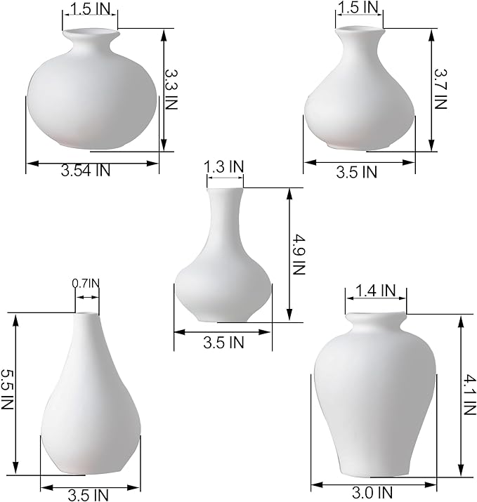 White Ceramic Bud Vase Set of 5, Small Vase for Modern Home Decor, Mini Pottery Vases, Boho Decorative Vase for Living Room Fireplace, Centerpiece Table Decorations