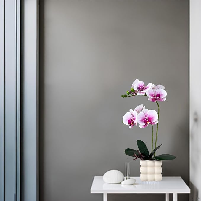 Artificial Orchids in Vase, Purple and White, 14 in Height, Home Decor Orchid Artificial Flowers