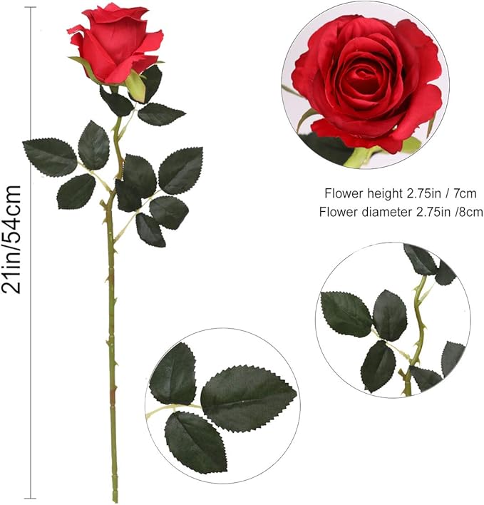 8PCS Artificial Silk Roses in Bulk & Bouquet Long Stem – Realistic Fake Roses for Wedding Centerpieces, Home Decor, Floral Arrangements, Party Decoration (Red)