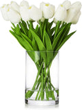 ENOVA FLORAL 20 Heads White Tulips Real Touch Artificial Flowers in Vase, Fake Tulips Flowers with Vase and Faux Water for Dining Table Decoration, Home Wedding (White)