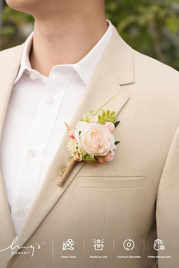 Ling's moment Boutonniere for Men, 6pcs Groom Groomsmen Boutonniere, Artificial Flowers for Wedding Decor/Prom/Homecoming, etc.Blush Pink Coral