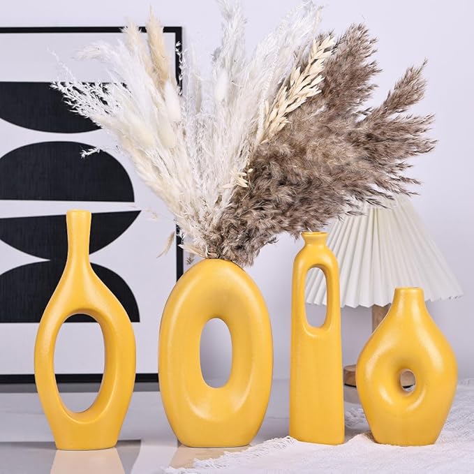 Yellow Vases Home Decor - 4-Piece Round Hollow Boho Yellow Ceramic Vase for Pampas Grass Decor, Modern Small Flower Vases for Living Room, Dining Table, Office, Wedding, Fireplace Decor