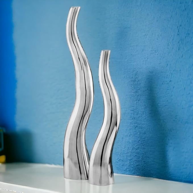 Modern Day Accents 6586 Curva Tall Wiggly Vases Set of 2, Silver, Aluminum, Contemporary, Modern, Popular, Glam, Floor Standing, Large 6" L, 3.5" W, 32" H, Small Vase: 5”L x 3.5”W x 24" H House Decor