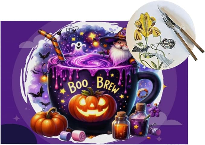 PVC Placemats Set of 1 Wipeable Table Mats Washable Heat Resistant Non Slip Vinyl Dining Table Mat for Kitchen Indoor Outdoor Patio Farmhouse Place Mats Purple Halloween Magic Cauldron Decorative