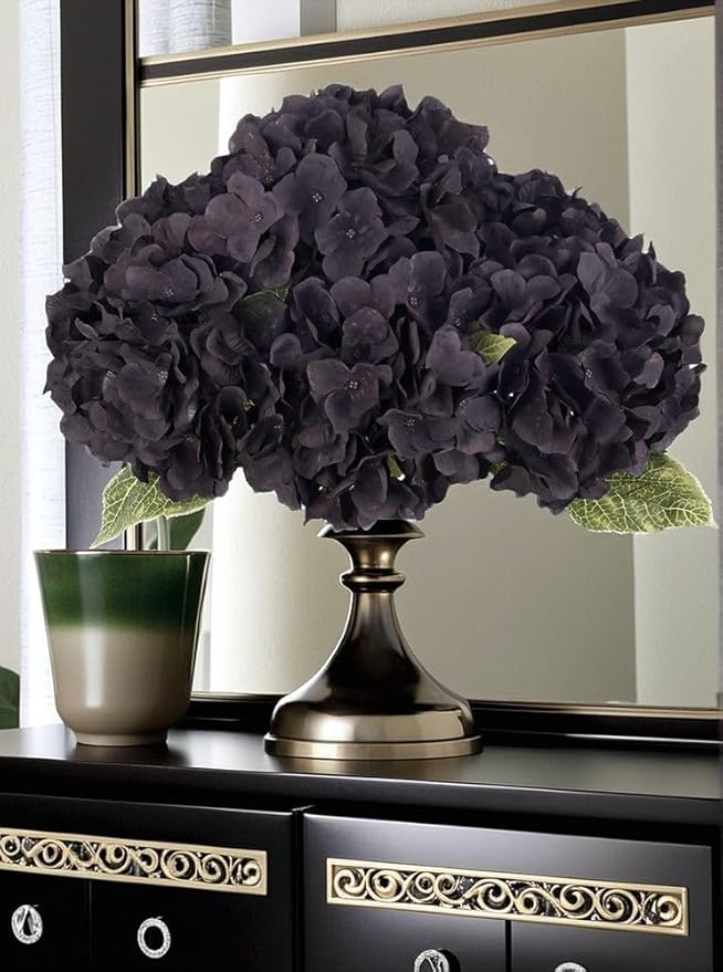 2Bouquets Artificial Fake Flowers Plants Silk Hydrangea Arrangements Wedding Bouquets Decorations Plastic Floral Home Kitchen Garden Party Festival Bar DIY (Black)