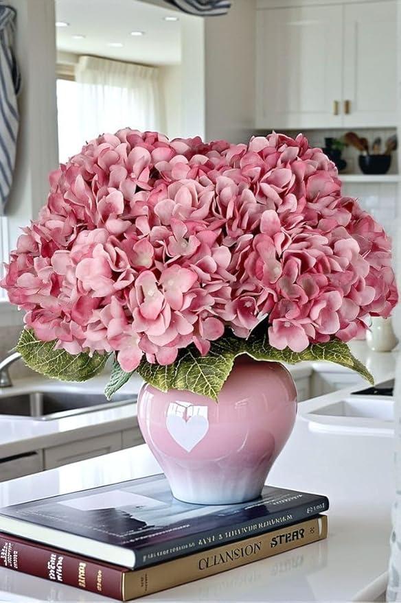 2Bouquets Artificial Fake Flowers Plants Silk Hydrangea Arrangements Wedding Bouquets Decorations Plastic Floral Home Kitchen Garden Party Festival Bar DIY(Grey Pink, 5 Flower Heads)