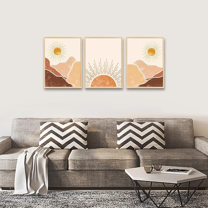 Natural Wood Framed Boho Wall Decor Living Room Canvas Wall Art For Bedroom Minimalist Abstract Mountain Sunshine Wall Painting Wall Decorations For Girl Room Office Wall Decor Pictures Home Decor