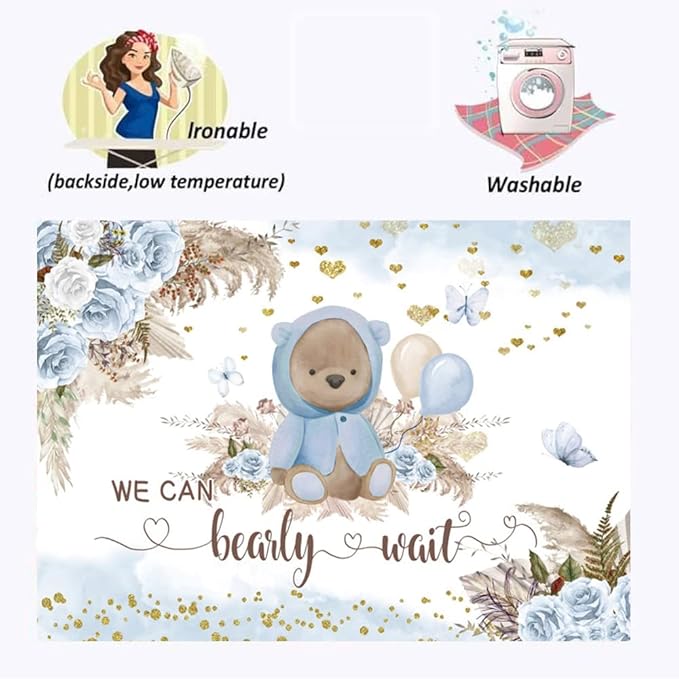 We Can Bearly Wait Backdrop for Boy's Boho Baby Shower Party Decorations 10x8ft Blue Floral Bohemian Pampas Grass Lovely Bear Baby Shower Decorations Banner Photography Background